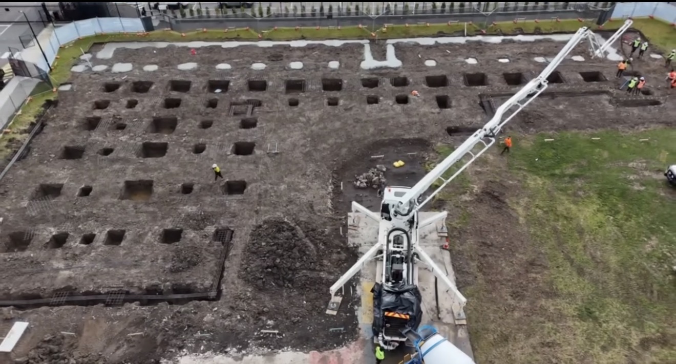 Drone view of Solid FC boom pump over footings